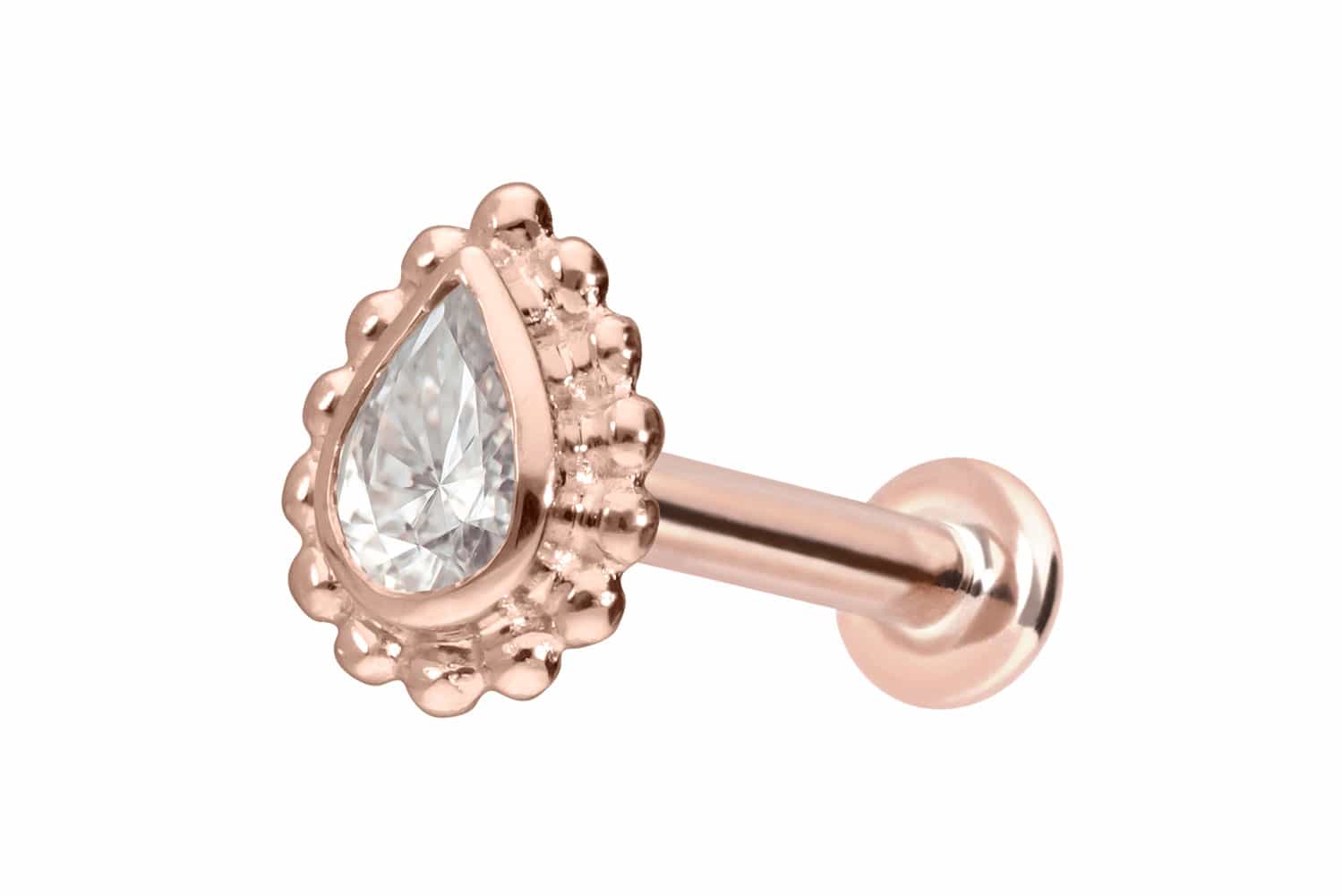 14 Karat Gold Labret Piercing mit Push Fit MOISSANIT-TROPFEN + KUGELN